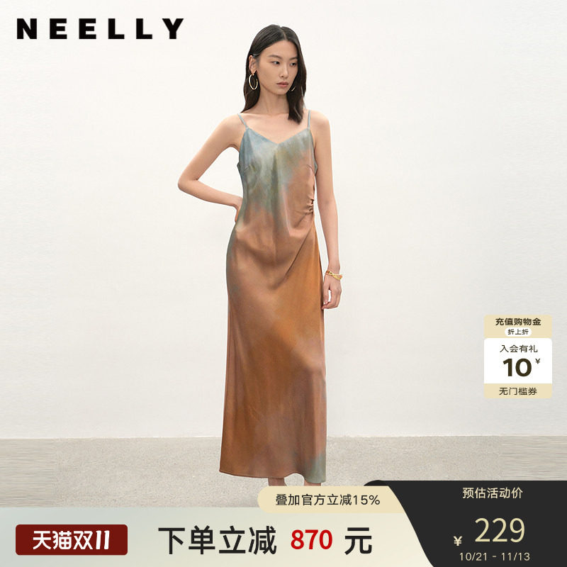 NEELLY纳俪商场同款夏新款简约性感吊带连衣裙女压褶收腰晕染长裙