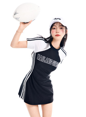 耐浪连体女士撞色字母短袖泳衣