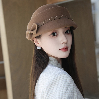 2025新款秋冬帽子女气质蝴蝶结装饰简约时尚淑女风盆帽冬款羊毛帽