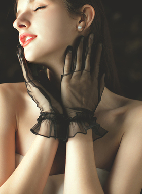 结婚新娘手套晚宴婚纱礼服手套夏季蕾丝防晒薄纱拍照复古黑色手纱