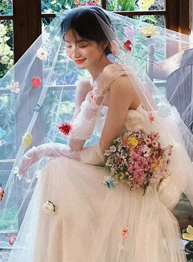 仿真鲜花头纱多巴胺新娘结婚拍照