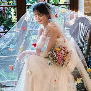 立体仿真绢花头纱鲜花朵长新娘结婚领证头饰婚礼森系户外拍照道具