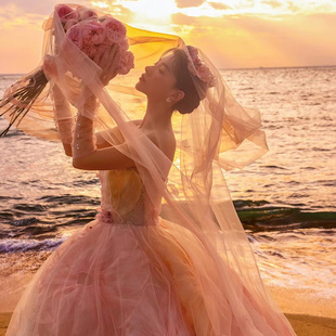 新娘粉色头纱长款 紫色拖尾婚纱摄影拍照道具结婚森系头饰造型蓝色