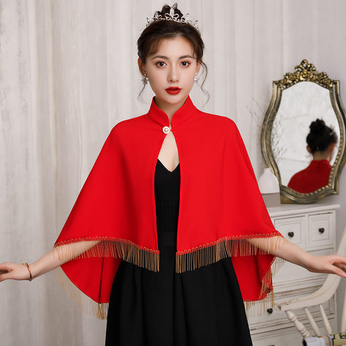新娘婚纱披肩结婚礼服旗袍披风斗篷外搭酒红色敬酒服外套韩版高贵 - 封面
