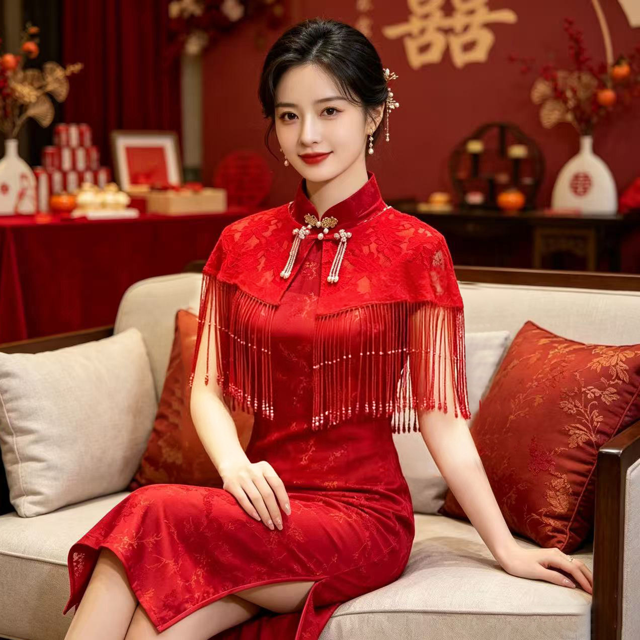新中式新娘红色礼服敬酒服旗袍披肩云肩外搭斗篷女中国风订婚拍照