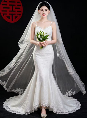森系白色新娘头纱结婚头饰小拖尾