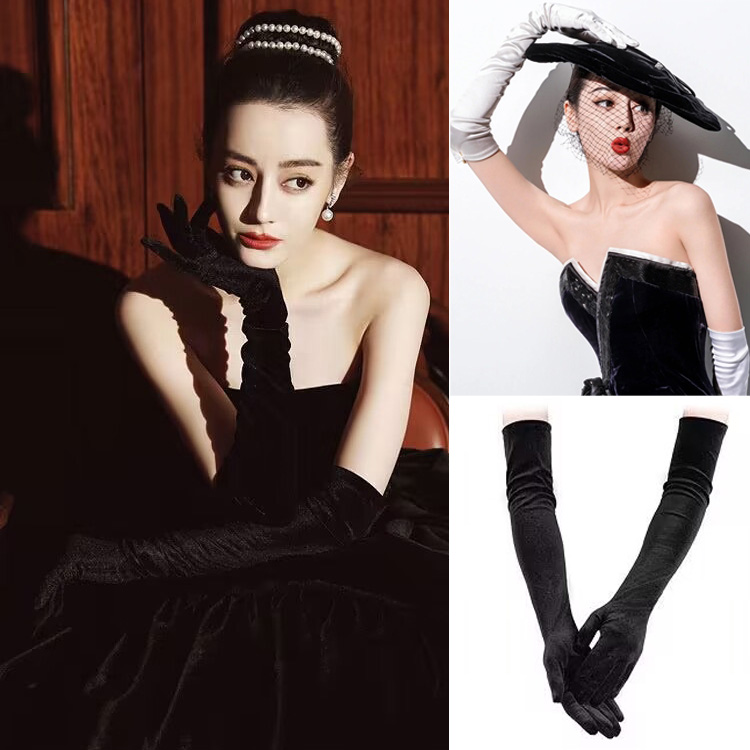 热巴同款手套黑色丝绒加长款生日