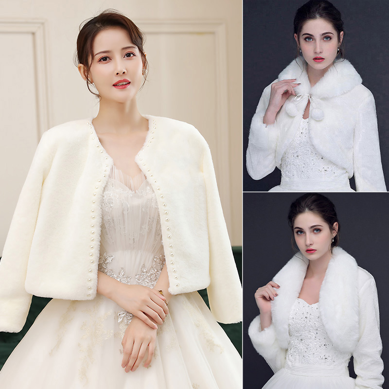 韩版长袖保暖新娘毛披肩婚纱礼服结婚伴娘小外搭秋冬礼仪演出外披