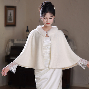 白色秋冬款新娘毛披肩婚纱礼服旗袍小斗蓬婚礼演出生日年会小外套