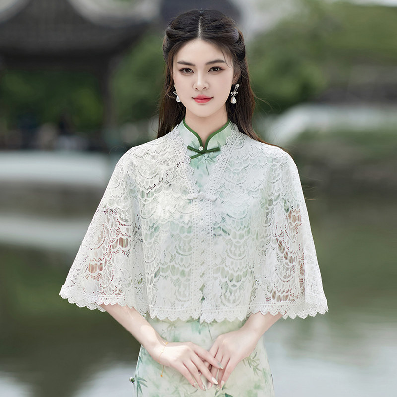 2025新款配旗袍披肩云肩汉服外搭蕾丝花边白色斗篷披风薄年轻款夏