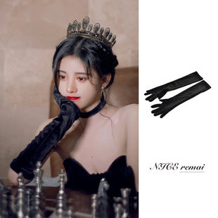 鞠婧祎同款 晚宴舞会晚礼服拍照手套黑色丝绒优雅高端演出缎面臂套