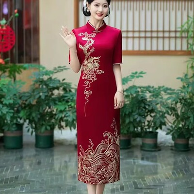 高级定制绣花旗袍婚礼妈妈礼服夏