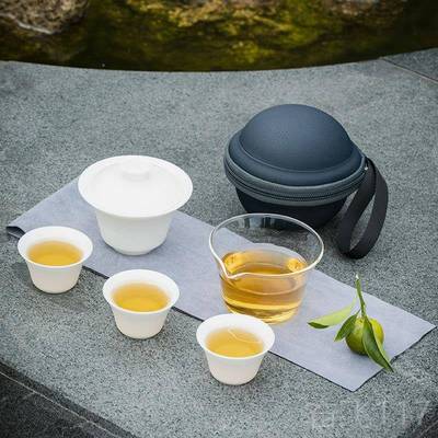 正品钰龙门德化羊脂白瓷户外便携客旅行功夫茶具三杯套铨玉装收纳