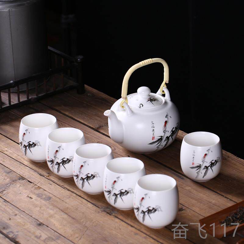 正品送竹 景德镇陶茶具套装家用整功夫茶具古盘典瓷套中式提梁壶