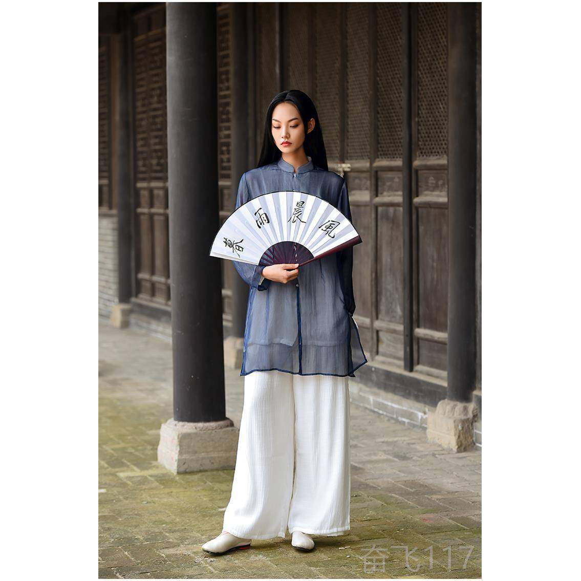 正品新款中国风太极服女飘上衣 真丝棉麻风双层太极晨拳武术表逸