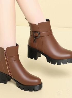 正品真皮高跟短靴女百搭马丁靴底白色靴增高单毛防水台纯羊显瘦棉