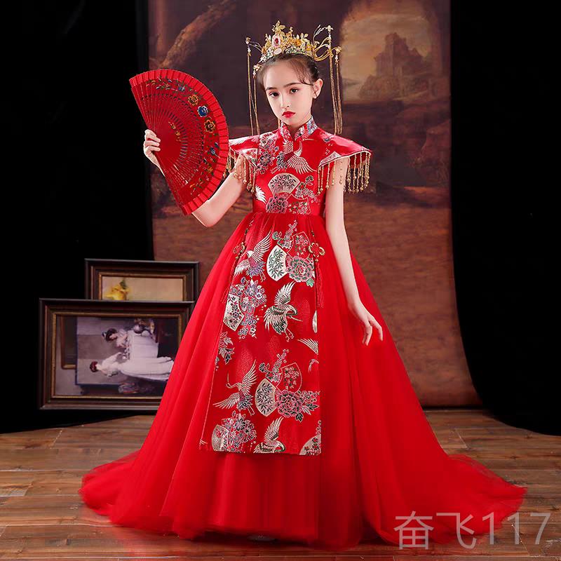 正品女童礼高端洋气国潮服旗袍儿t台走秀演出气服童高端拖尾洋中