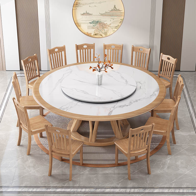 新中式岩板餐桌实木圆形家用圆桌转盘现代简约小户型带电磁炉饭桌