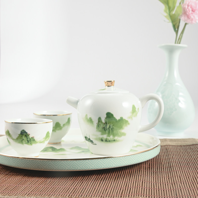 三环陶瓷6头手把壶千峰叠翠套装家用会客泡茶壶茶杯整套礼盒图片