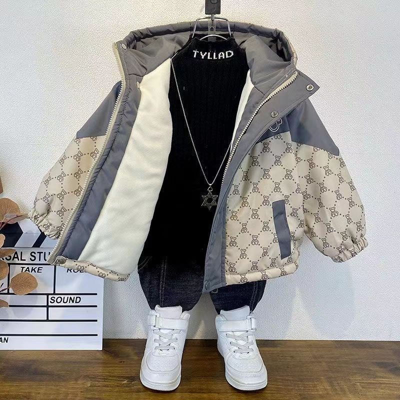 男童外套秋冬加绒外套新款洋气儿童冬季加厚棉服帅宝宝夹棉派克服