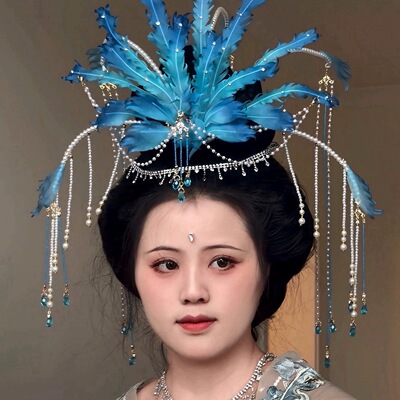 原创 青玄 真丝烫花发冠女儿国国王凤冠发饰仙气正凤重工发饰