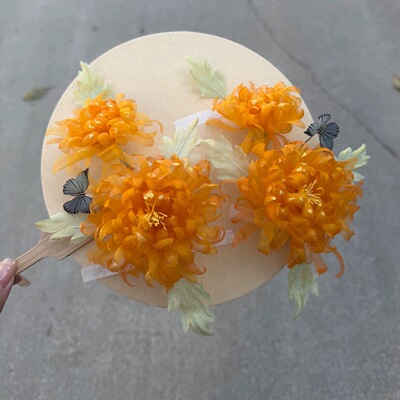 原创 晚香 真丝烫花菊花发饰流苏发钗汉服古风配饰头饰发饰仙气