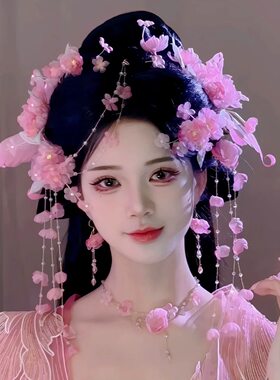 原创 折枝寄春 真丝烫花蝴蝶桃花流苏发饰头饰仙气绢纱花朵汉服