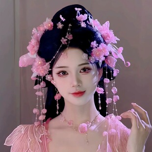 原创 折枝寄春 真丝烫花蝴蝶桃花流苏发饰头饰仙气绢纱花朵汉服