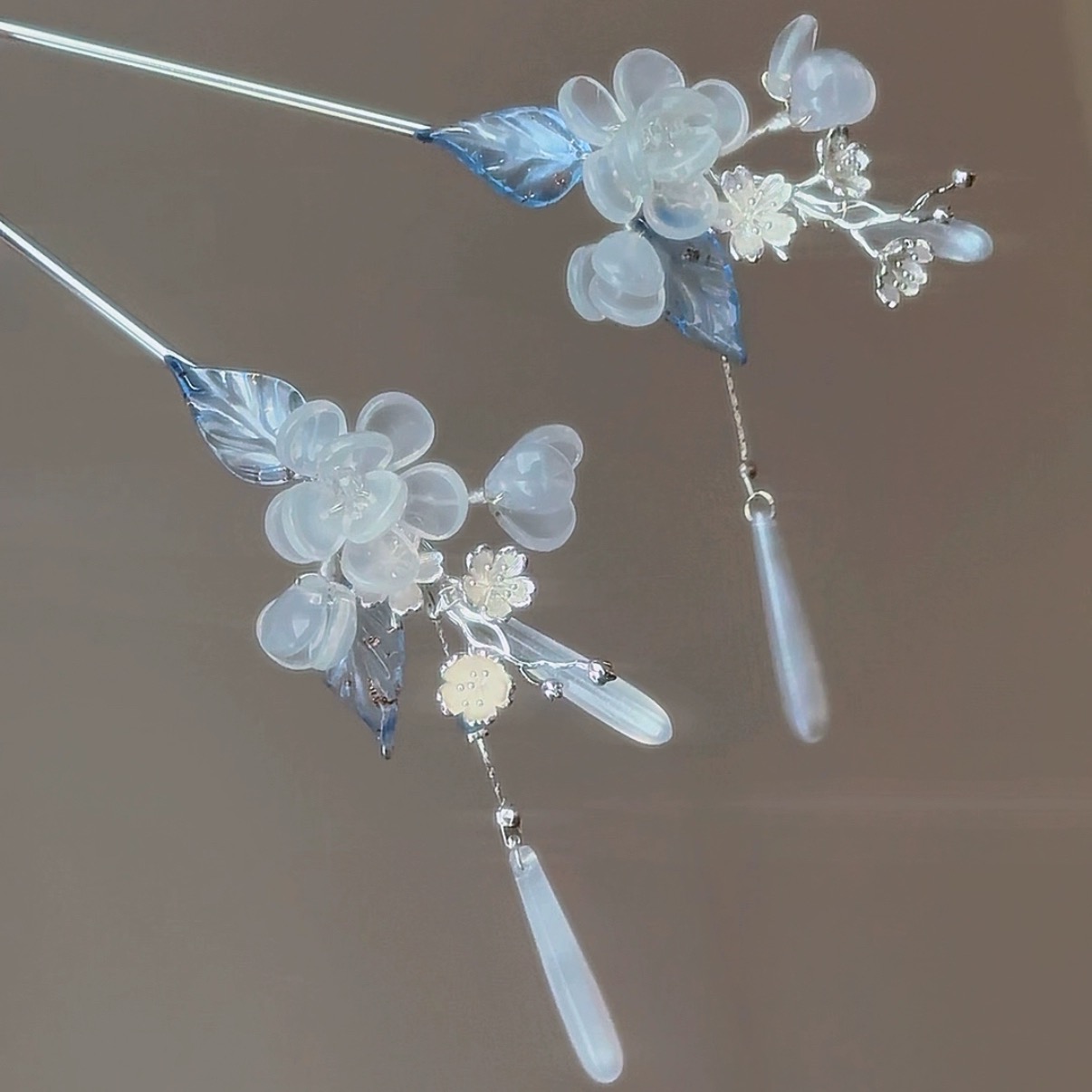 原创云微琉璃花枝琉璃发簪发钗长流苏步摇挽发汉服古风旗袍头饰