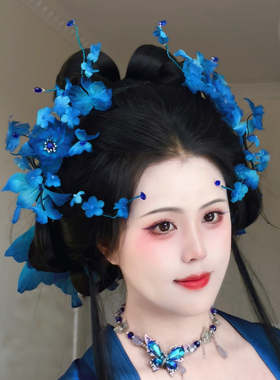 原创 蓝闪蝶 真丝烫花蝴蝶发饰蓝闪蝶发饰套装国风汉服
