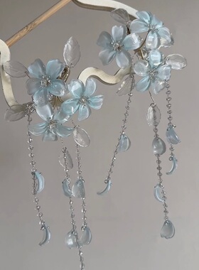 原创 听雨眠 浅蓝色发簪发夹流苏仙气琉璃簪花古风汉服配饰