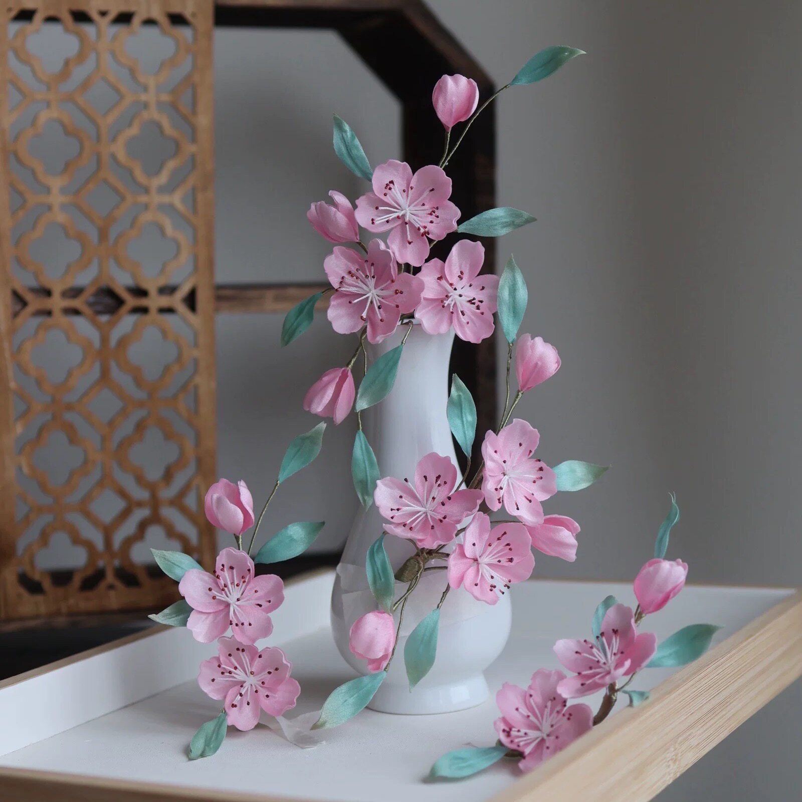 原创 浮花尽 桃花真丝烫花发饰软杆簪花仙气百搭汉服头饰配饰