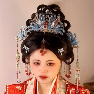 原创 良缘夙缔 汉婚发饰婚冠重工烧蓝明制发冠套装流苏发钗古风