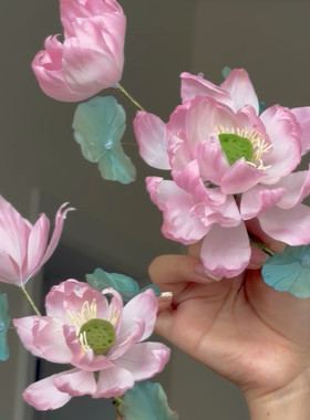 原创 凌波仙 真丝烫花荷花发饰软杆汉服配饰古风头饰仙气