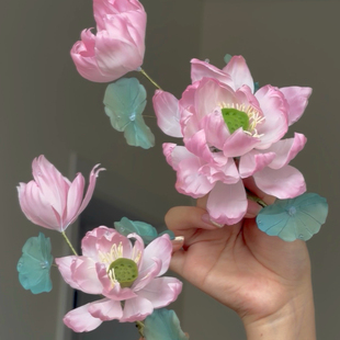 原创 凌波仙 真丝烫花荷花发饰软杆汉服配饰古风头饰仙气