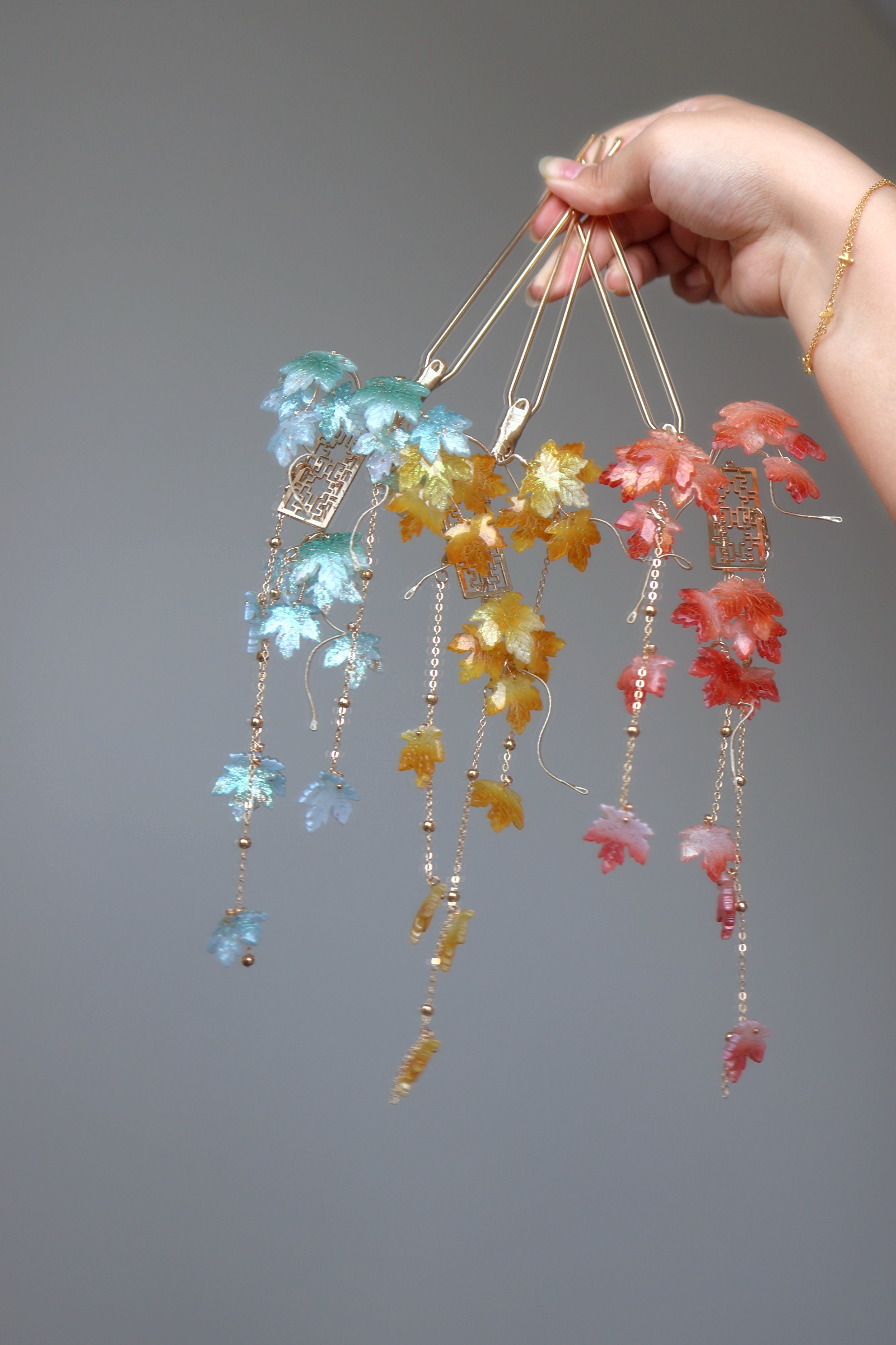 原创 枫林晚 枫叶琉璃簪花流苏发钗汉服配饰古风发饰头饰