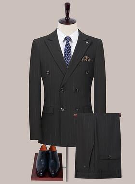 2式025季休闲三套戗驳领西装6150-L韩版条纹黑色礼服秋件修身男西