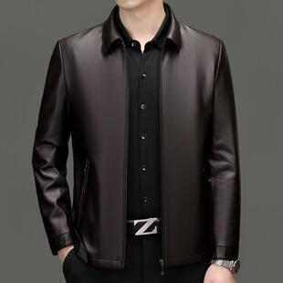 C爸装 皮衣中年休闲翻领夹克绵羊真皮爸22099 休 海皮男士 春宁秋季