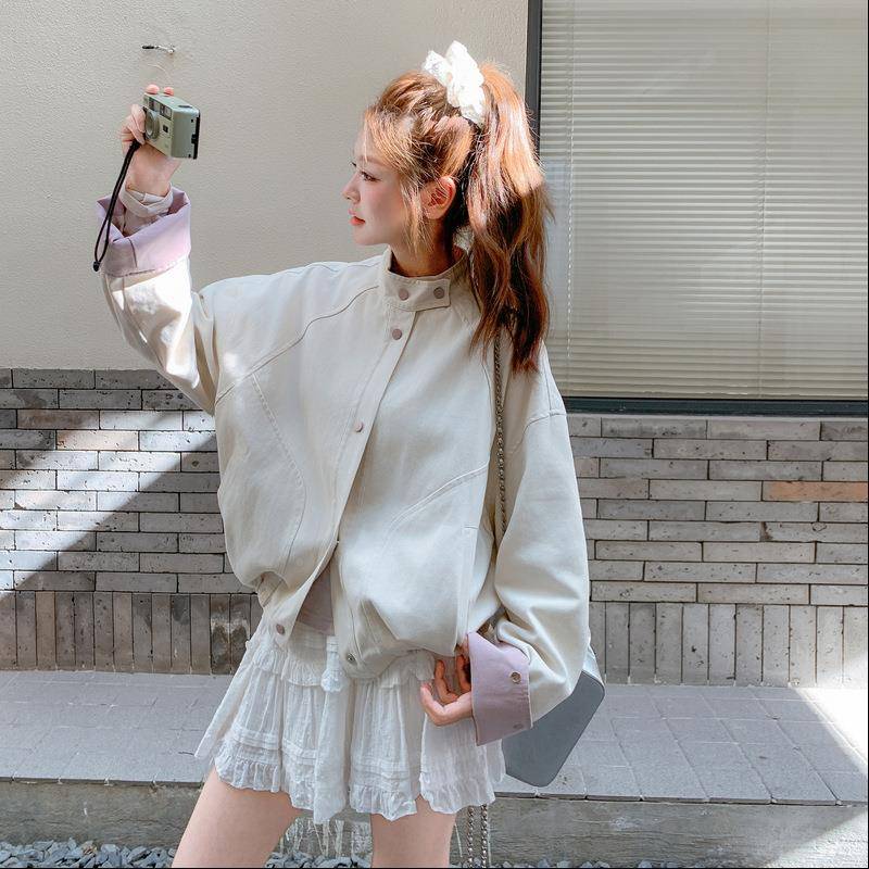 米白色工装外短女D014-908秋季2025新款流行套爆款小领个子休闲减