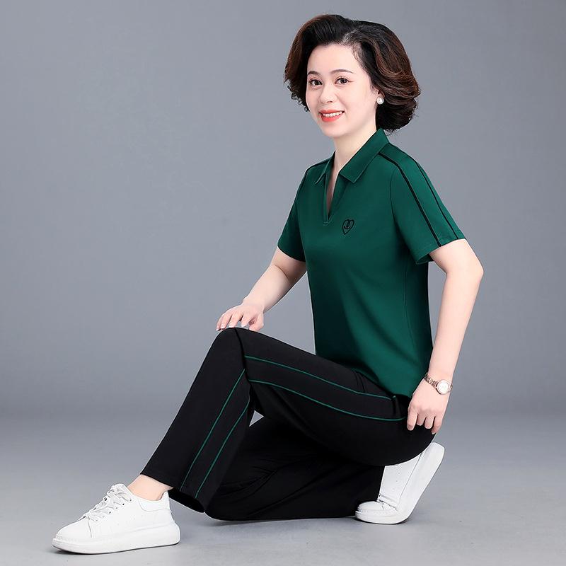 妈妈夏装运动服套新洋款中年女夏季装短袖7119797上衣恤气两老件