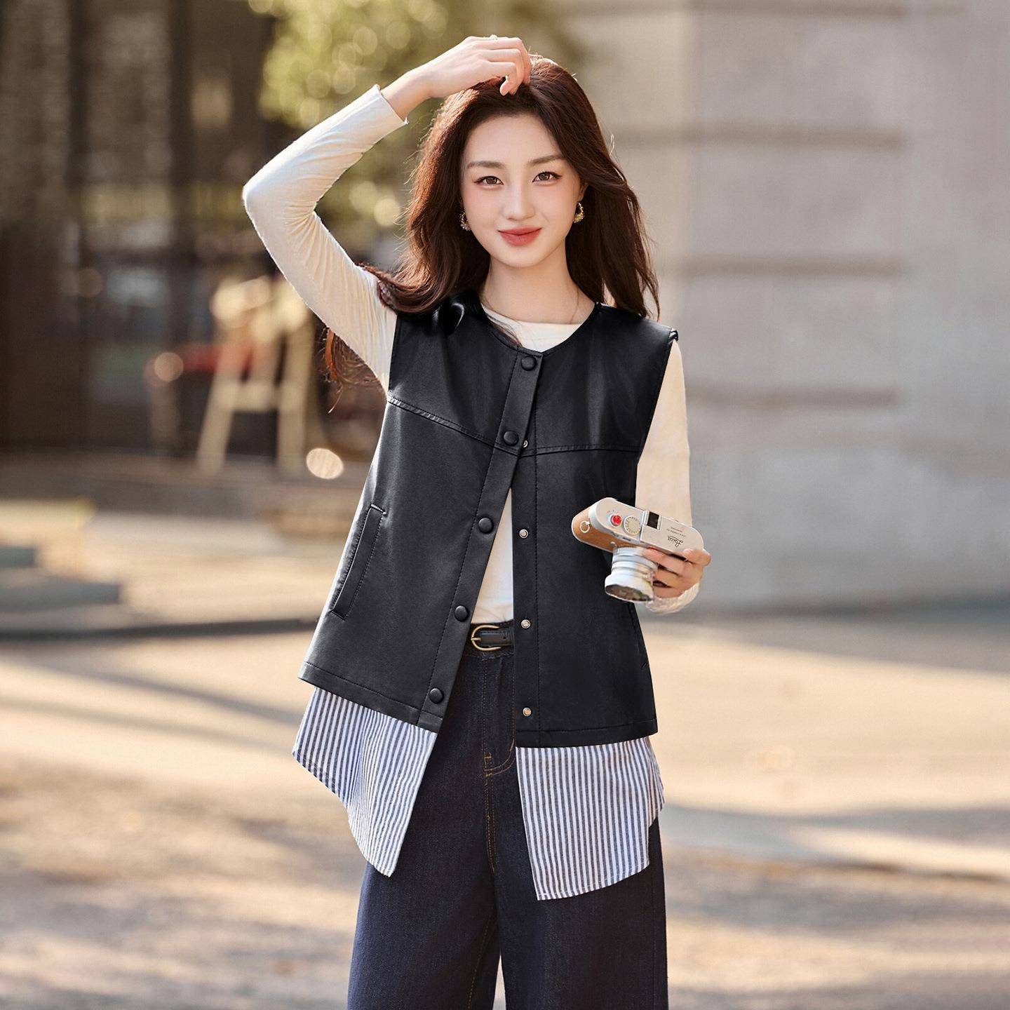 皮马甲女2025新款秋宽松接假两件马夹无袖肩上外套衣HM拼8HM8279-