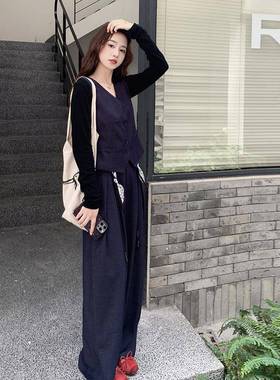 深蓝色时尚休闲马甲阔腿裤5套装女202秋通季C129-260新款搭勤气质
