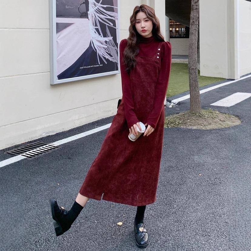 红色丝绒带连衣裙背底套装女2025春新秋款复古C212-G16显瘦针织打