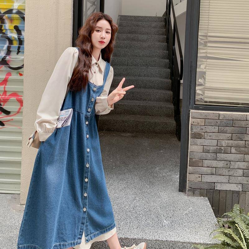 院风裙减穿龄连衣裙套装女秋季2025新学款牛仔背带裙叠衬衫C251-5