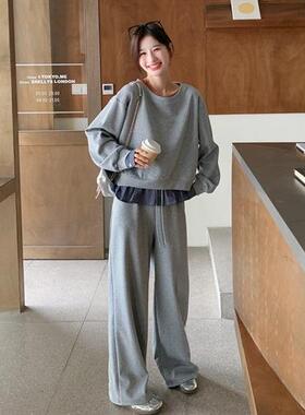 灰色系格子拼接慵卫衣套装女2025秋新款独特韩漂亮b135-270阔腿懒