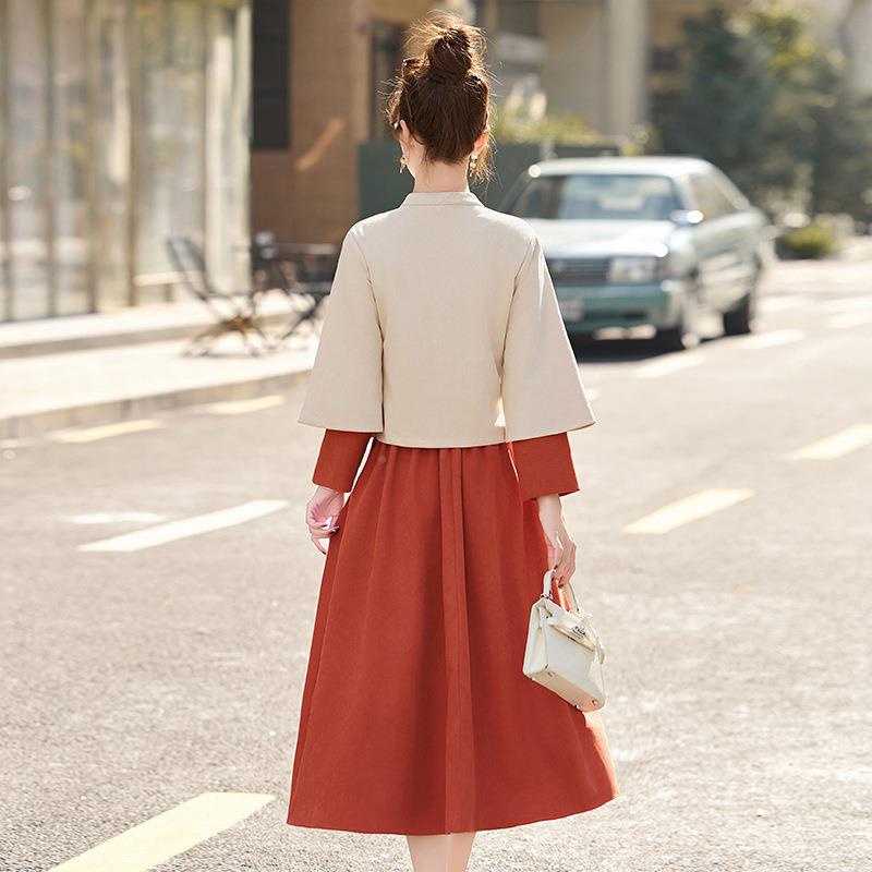 时尚休套闲装2LX251-12025春季新款两新中式刺绣立领外半裙件套裙