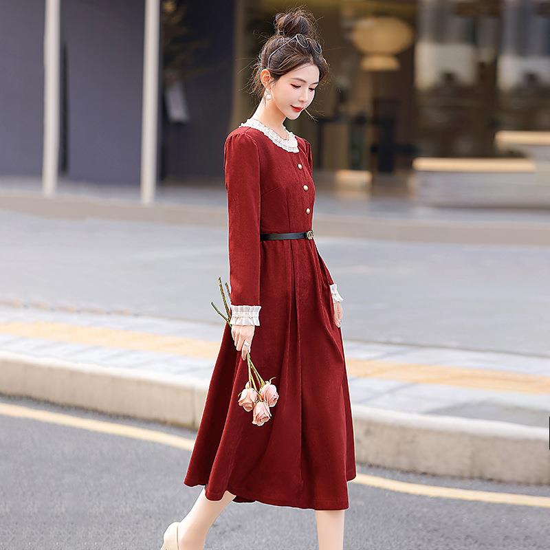 2NS9668-00色25秋款女装复古气质收腰长红长袖连衣裙女新配腰带 N