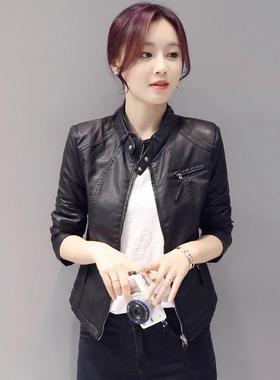皮衣外女年新款套秋春修身短款小个子时尚休闲皮缘82160黑色机车