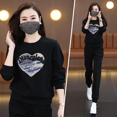 气质圆领件装女春秋季年新款时76205套女士卫衣休闲尚服两套