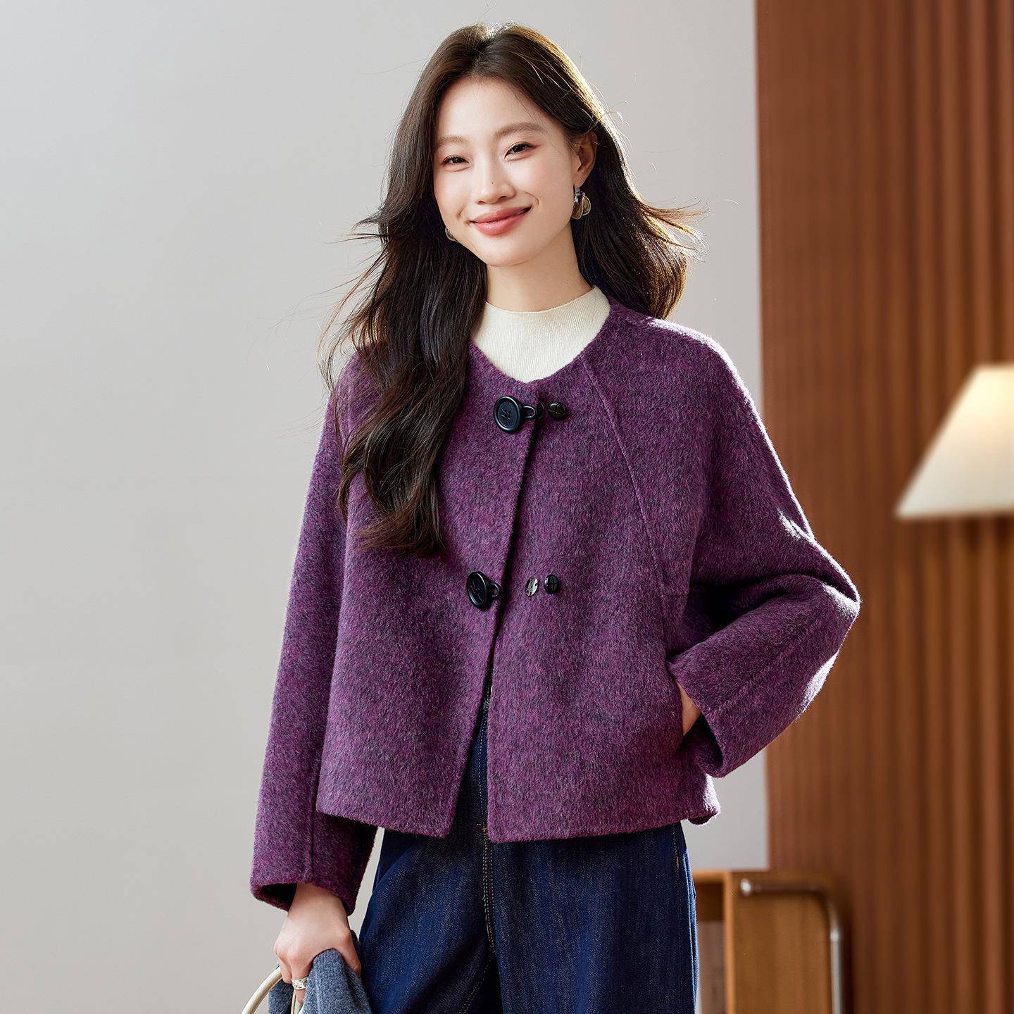 双羊毛外套女2025秋冬时尚6新款小个面时尚洋气ZH2638-0毛呢子大